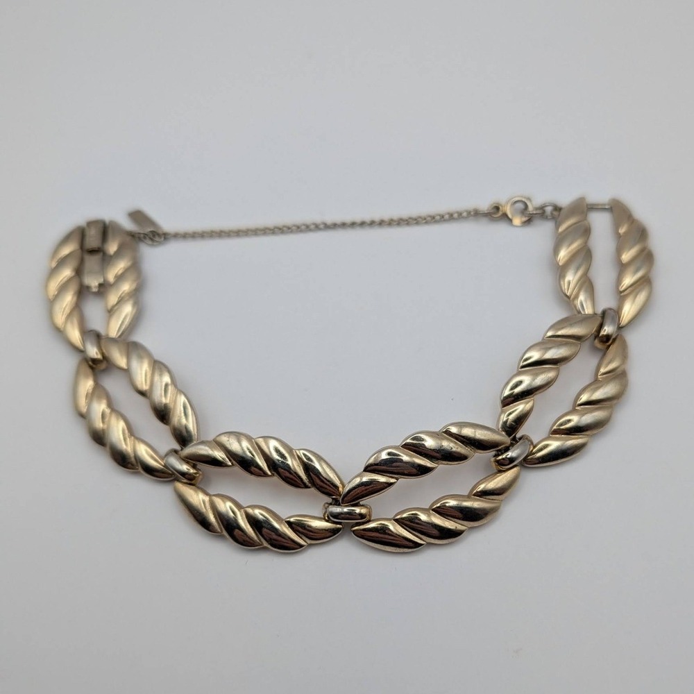 Vintage Monet Gold Tone Link Bracelet Mid Century Twisted Ribbon Safety Chain
